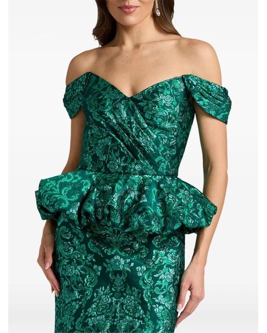 Tadashi Shoji Green Corliss Peplum Damask-Pattern Maxi Dress