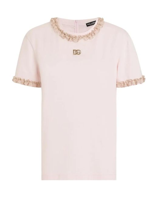 Dolce & Gabbana Pink Logo-Embroidered Ruffled T-Shirt