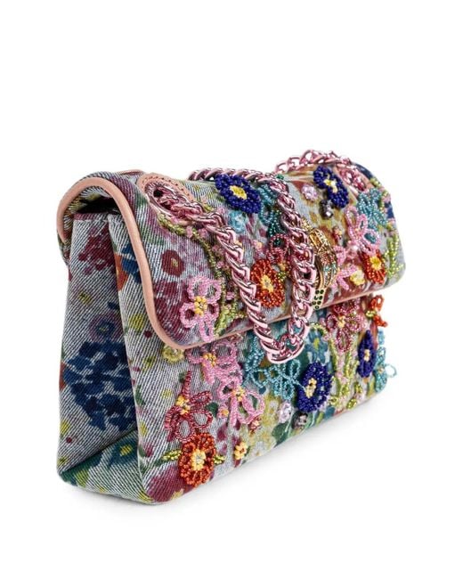 Kurt Geiger Blue Mini Kensington Bead-Embellished Floral-Print Shoulder Bag