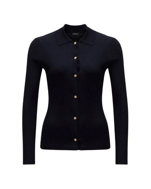 Max Mara Blue Ribbed-Knit Button-Down Cardigan