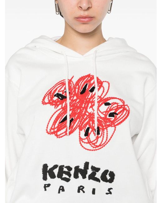 KENZO White Drawn Flowers Embroidered Hoodie