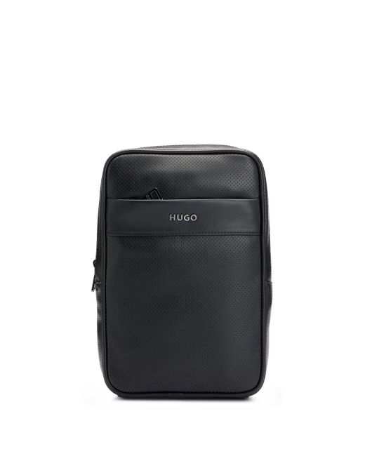 HUGO Black Logo-plaque Faux-leather Shoulder Bag for men