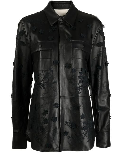 Elie Saab Black Floral-Embroidered Leather Shirt Jacket