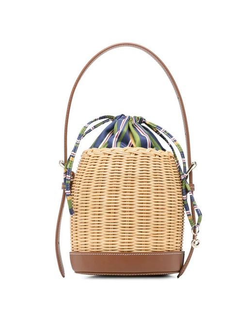 Maje Multicolor X Blanca Wicker-Panelled Leather Bucket Bag