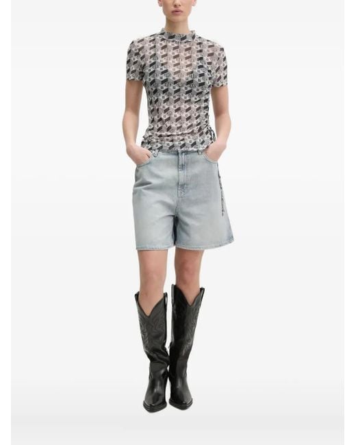HUGO Gray Logo-Print Mesh T-Shirt
