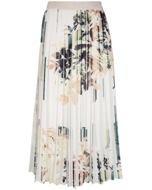 Agnona White Garden-print Pleated Midi Skirt