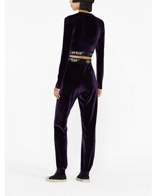 Philipp Plein Blue Logo-Waistband Velvet Track Pants