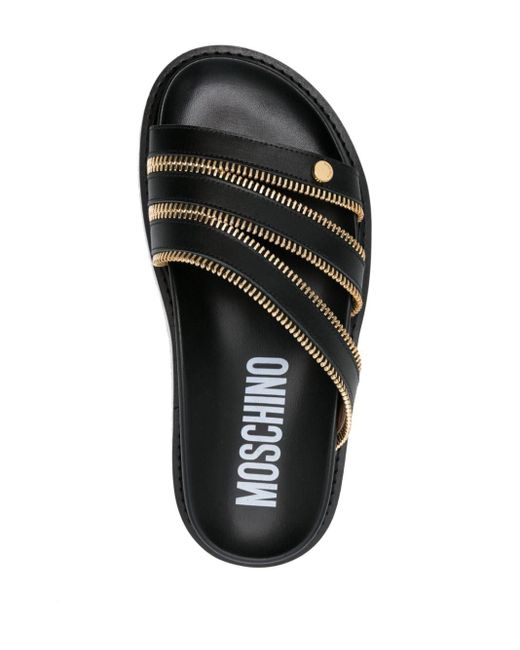 Moschino Black Zip-embellished Leather Slides