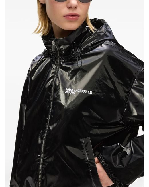 Karl Lagerfeld Black Glossy Cropped Jacket With High Collar