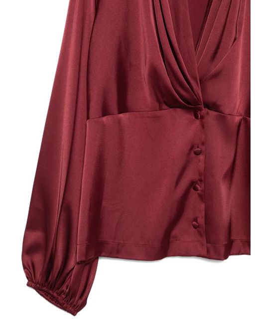 D.exterior Red Pleated Button-Front Blouse