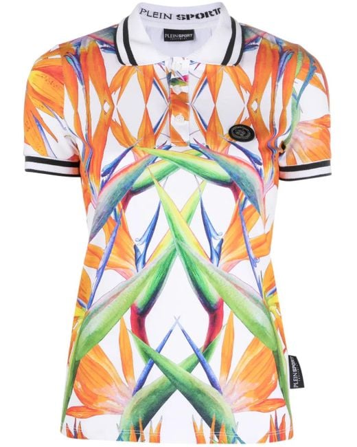 Philipp Plein Orange Floral-Print Cotton Polo Top