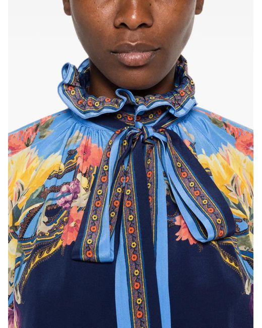 Etro Blue Floral-Print Ruffled-Collar Blouse