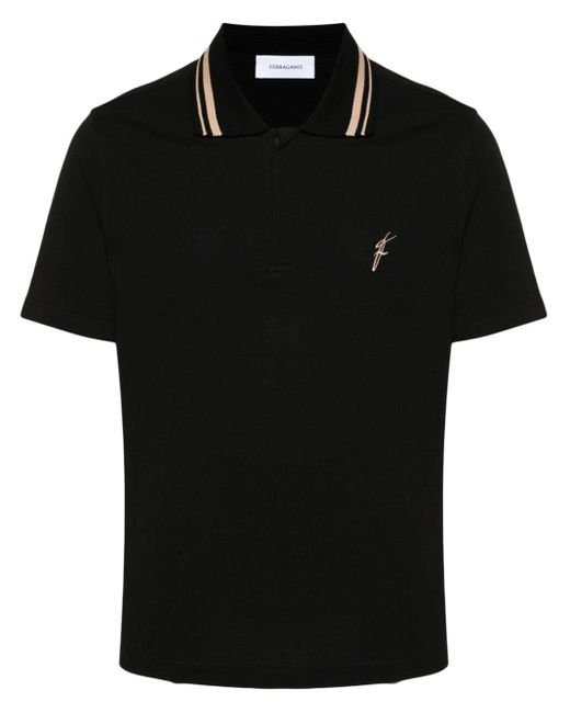 Ferragamo Black Embroidered-Logo Polo Shirt for men