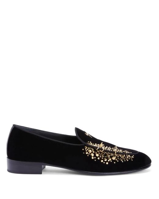 Giuseppe Zanotti Black Alvaro Studded Velvet Loafers for men