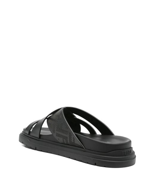 Fendi Gray Cross-Strap Leather Slides for men
