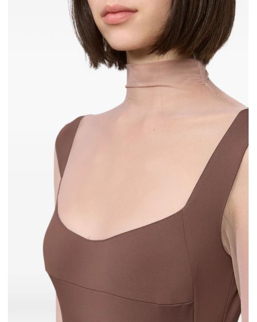 Atu Body Couture Brown Tulle-Insert Long-Sleeve Top