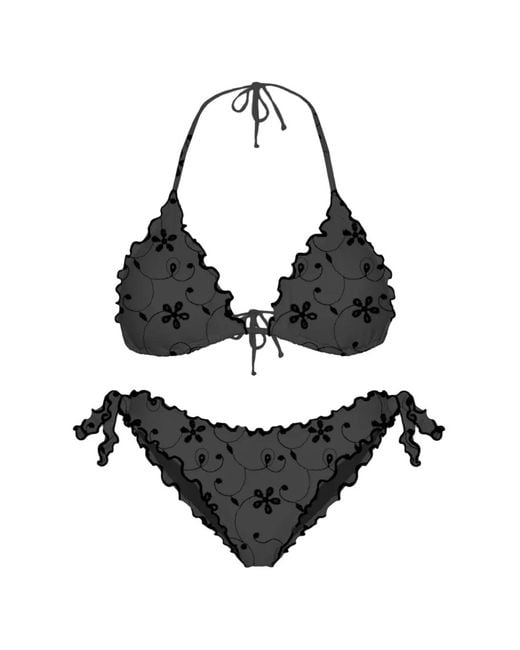 Mc2 Saint Barth Black Floral-Embroidered Ruffled Bikini