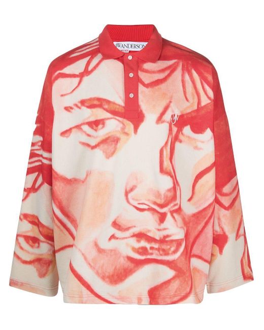 J.W. Anderson Red Long-sleeve Face Print Polo Shirt for men