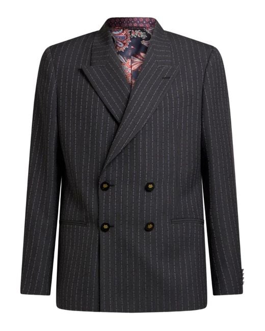 Etro Black Pinstripe Double-Breasted Blazer for men