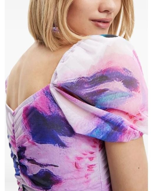 Desigual Purple Puff-Sleeves Floral-Print Mini Day Dress