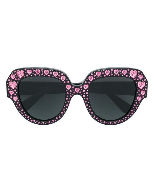 Gucci Crystal Heart Embellished Oversized Sunglasses in Black | Lyst UK