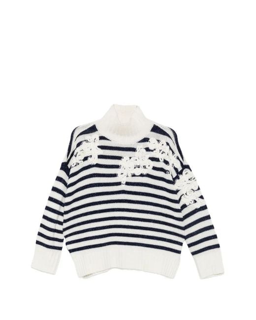 ERMANNO FIRENZE White Floral-Appliqué Striped Sweater