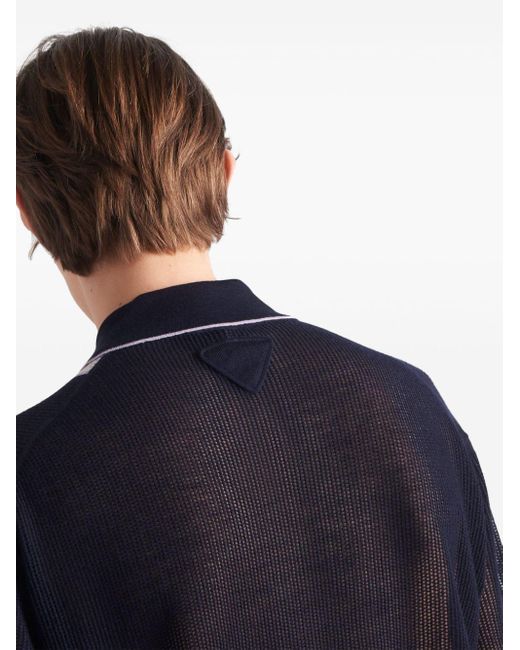 Prada Blue Stripe-detail Cashmere Polo Shirt for men
