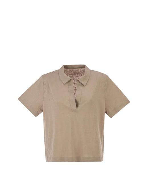 Majestic Filatures Natural Cropped V-Neck Polo Shirt