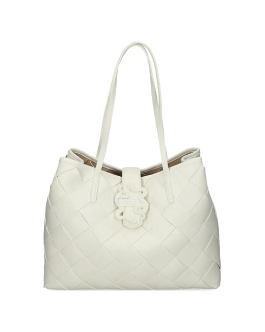 Just Cavalli White Woven Emblem Tote Bag