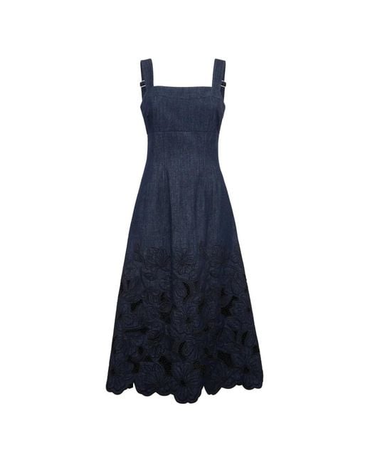Veronica Beard Blue Floral-Embroidery Midi Dress