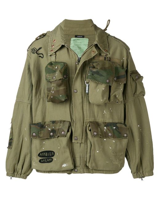 R13 Green Hooded Multi-pocket Jacket for men