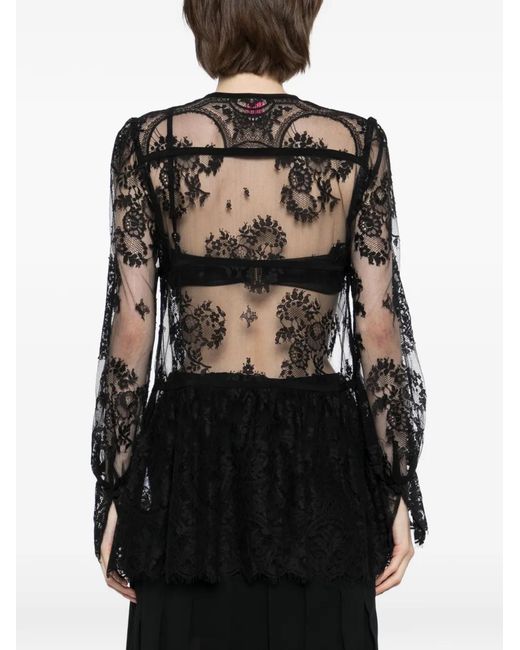 FETICO Black Lace-Panelled Peplum-Hem Blouse