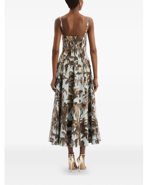 Oscar de la Renta White Chiné Palm Leaves Cotton Poplin Dress