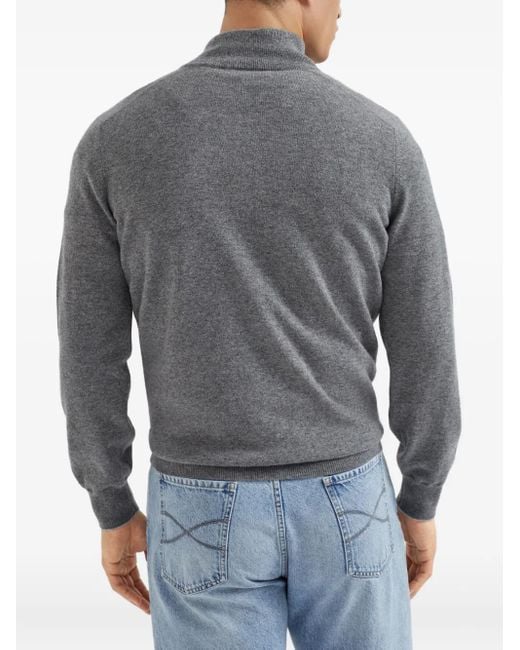 Brunello Cucinelli Gray Cashmere Half Zip Sweater for men