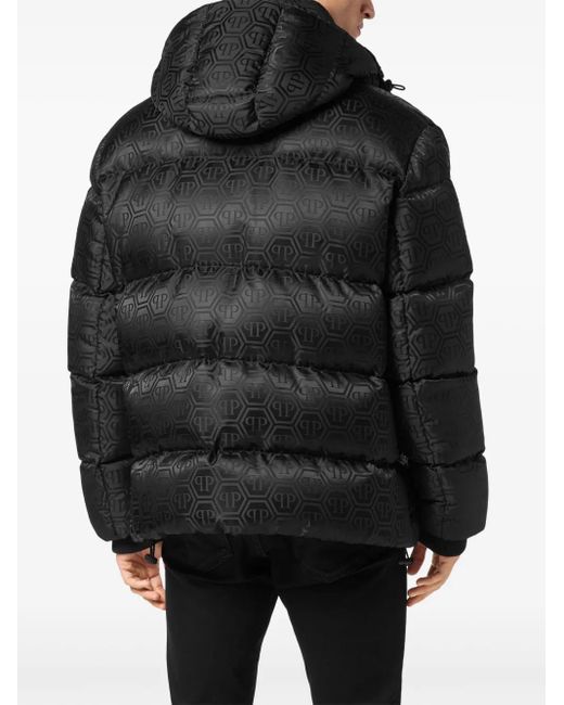 Philipp Plein Black Monogram-Jacquard Padded Jacket for men