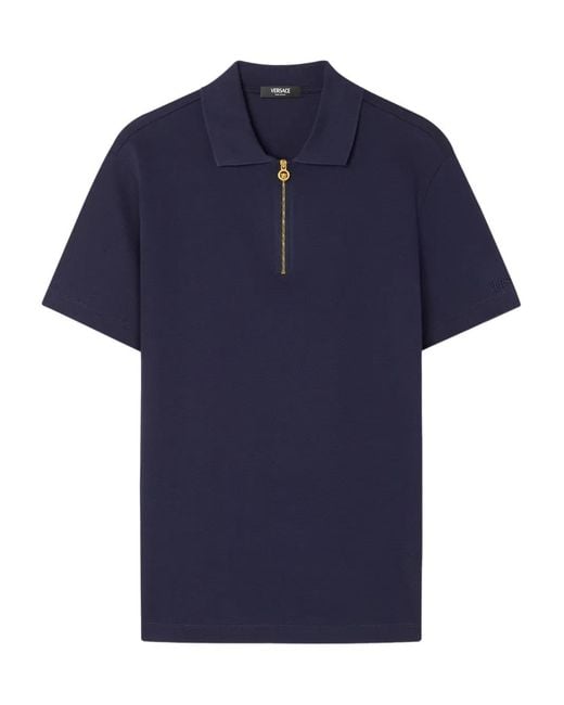 Versace Blue Embroidered Cotton-Piqué Half-Zip Polo for men