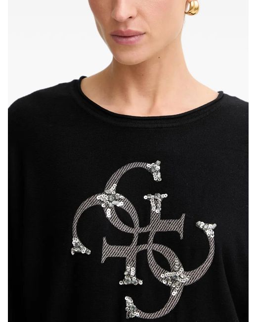 Guess Black Sequin-Embellished Logo-Print Sweater