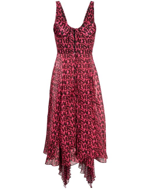 Versace Red Logo-Print Asymmetric-Hem Silk Dress