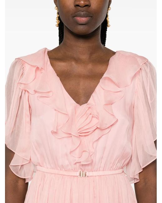 Nissa Pink Floral-Appliqué Midi Dress