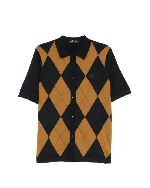 Fred Perry Black Argyle-Pattern Button-Up Sweater for men