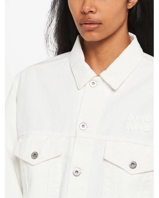 Miu Miu White Embroidered-Logo Cropped Denim Jacket