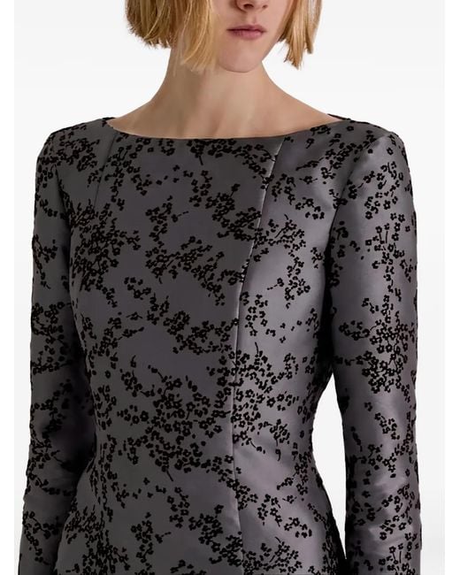 Alberta Ferretti Gray Floral-Print Long-Sleeve Maxi Dress