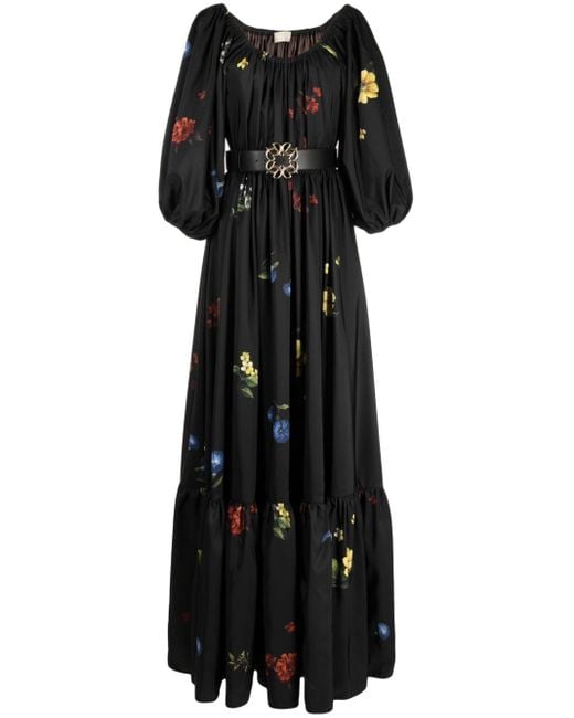 Elie Saab Black Floral-Print Satin Maxi Dress