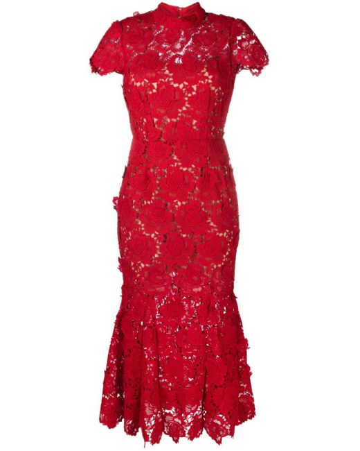 Self-Portrait Red Floral Lace Midi Dress