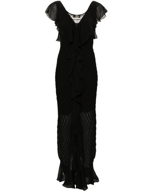 De La Vali Black Macaroon Ruffled Maxi Dress