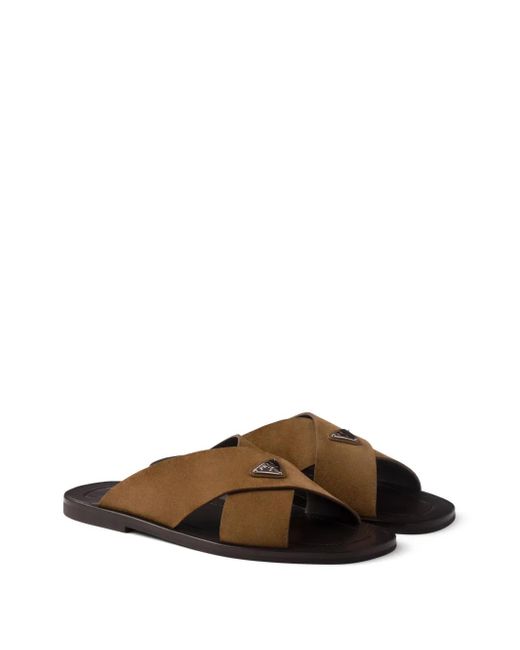 Prada Brown Suede Crisscross Slides for men