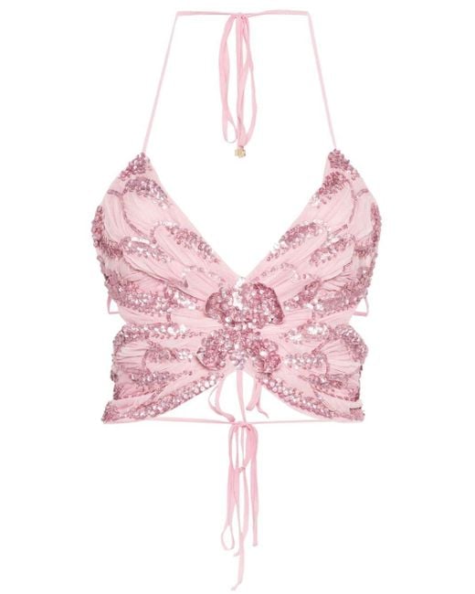 Blumarine Pink Butterfly Sequin-embellished Top
