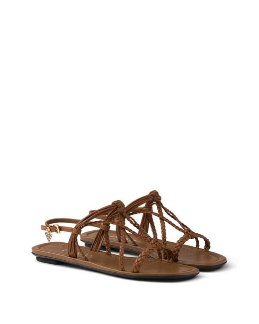 Prada Brown Sandales En Cuir À Semelle Plate