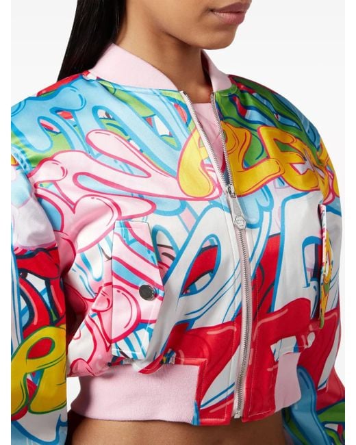 Philipp Plein Blue Graffiti-Logo Cropped Satin Bomber Jacket