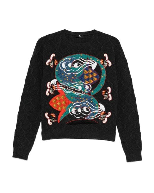 Etro Black Embroidered Cable-Knit Sweater